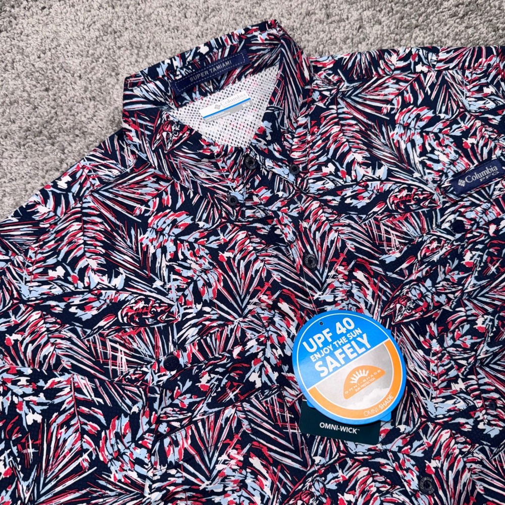 Columbia Super Tamiami Fishing Shirt Mens Tropical Palm Navy Red Size M NEW
